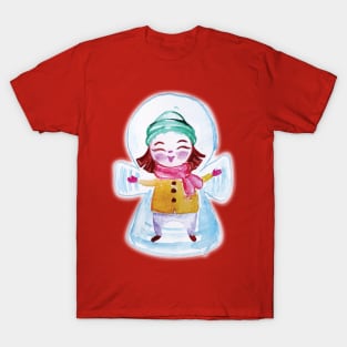 Girl making snow angel in watercolor T-Shirt